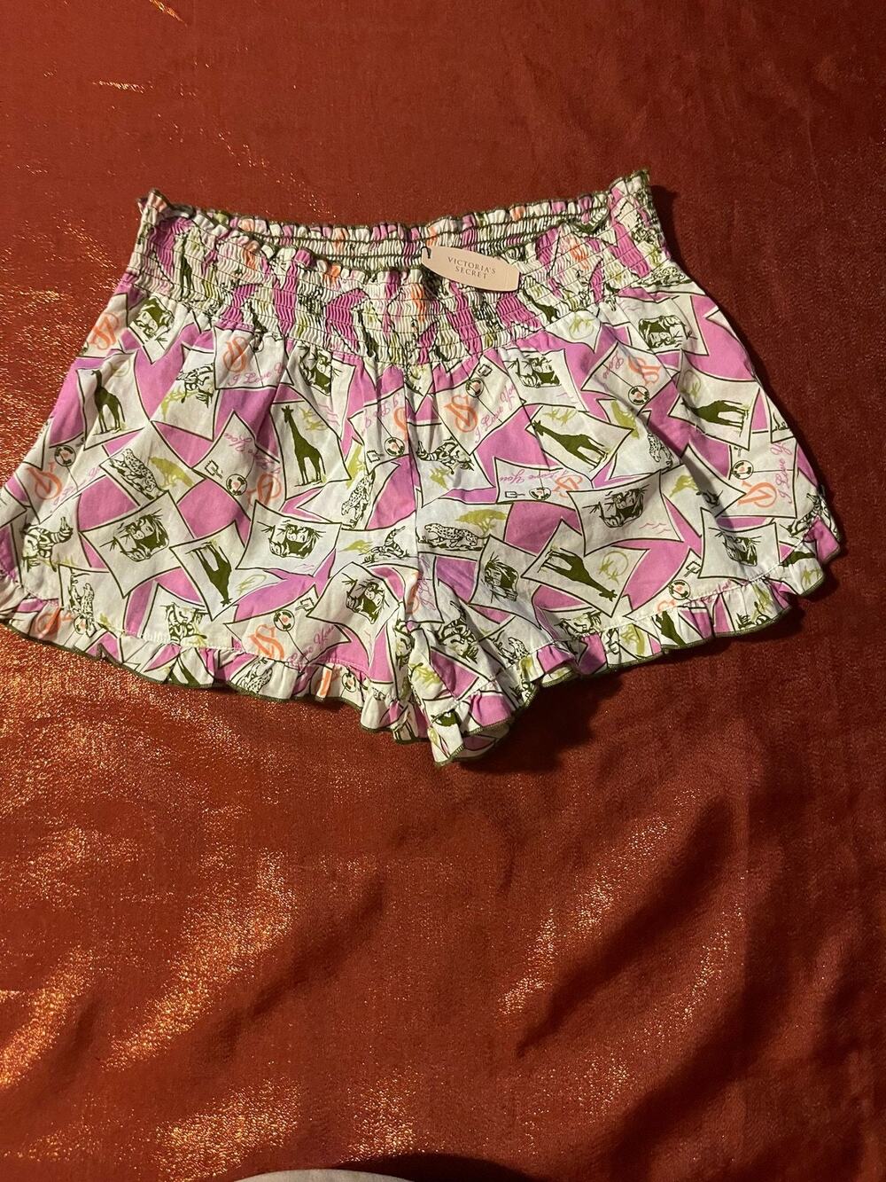 Victorias Secret Shorts Womens S Ruffle Hem Smocked Waist Animal Print Pink